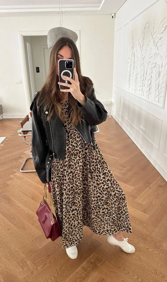 Leopr Desen İnce Askılı Elbise