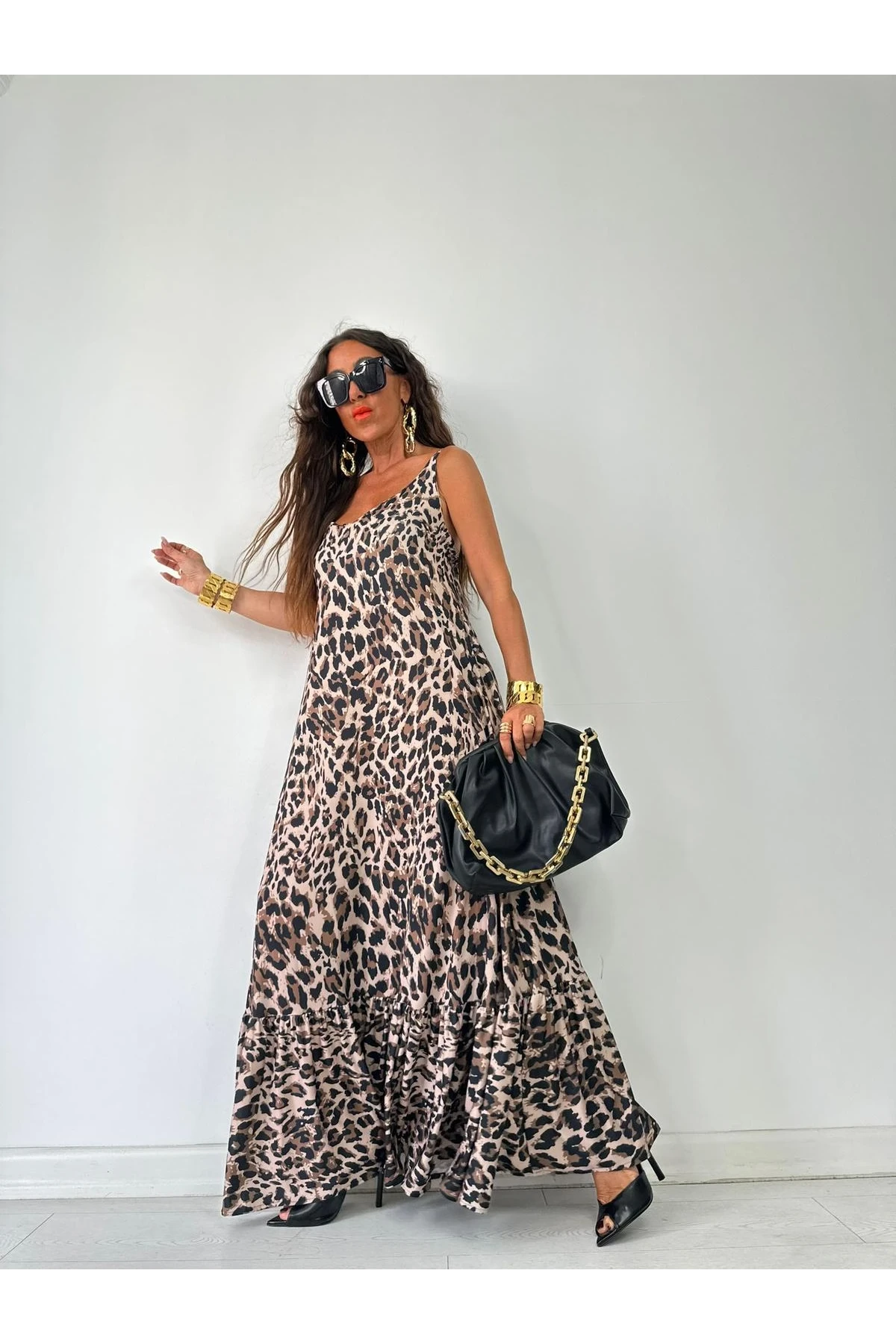 Leopr  Desen Maxi boy Elbise