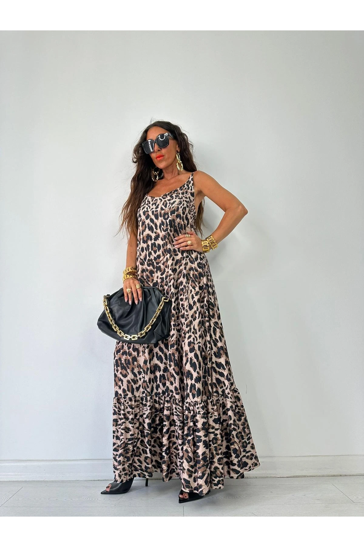 Leopr  Desen Maxi boy Elbise