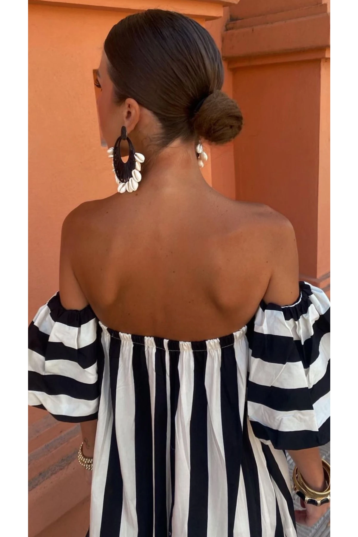 Madonna Yaka Çizgili Elbise Atlas Kumas