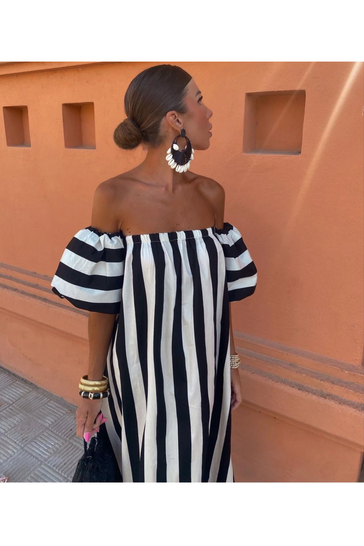 Madonna Yaka Çizgili Elbise Atlas Kumas