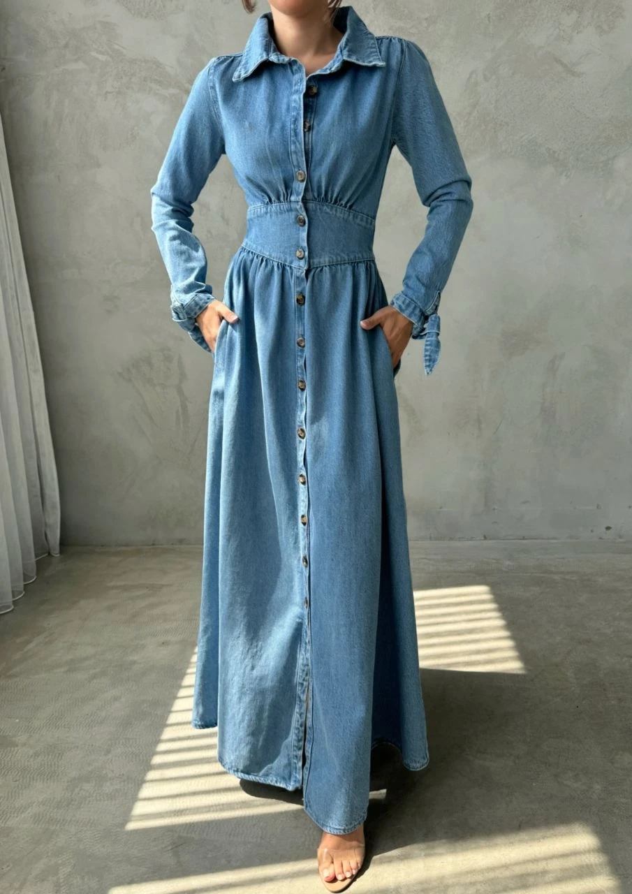 Maxi Denim Düğmeli Elbise