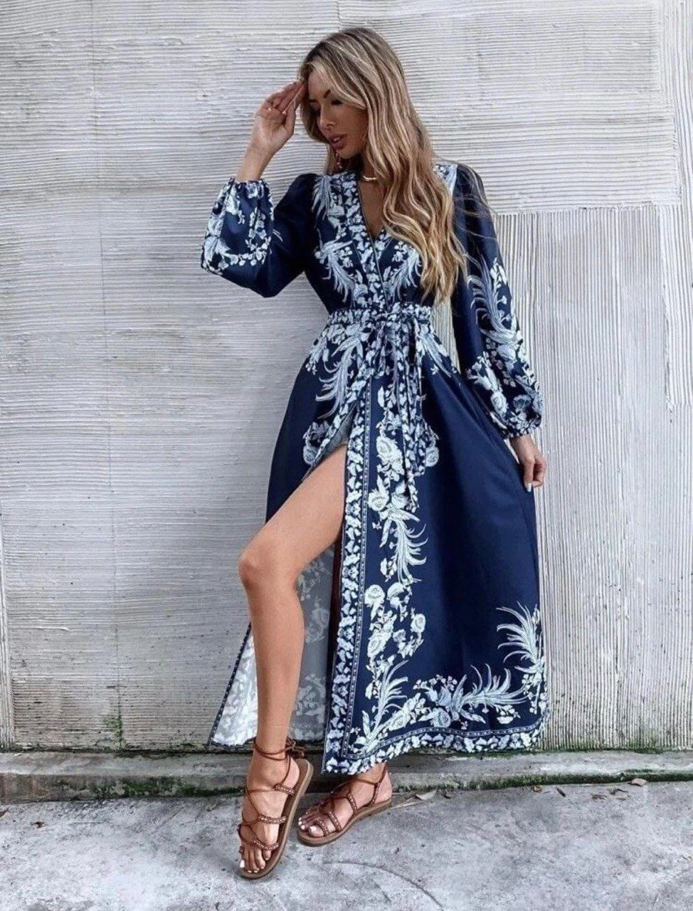 Maxi Desenli Krep Kumaş Anvelop Elbise