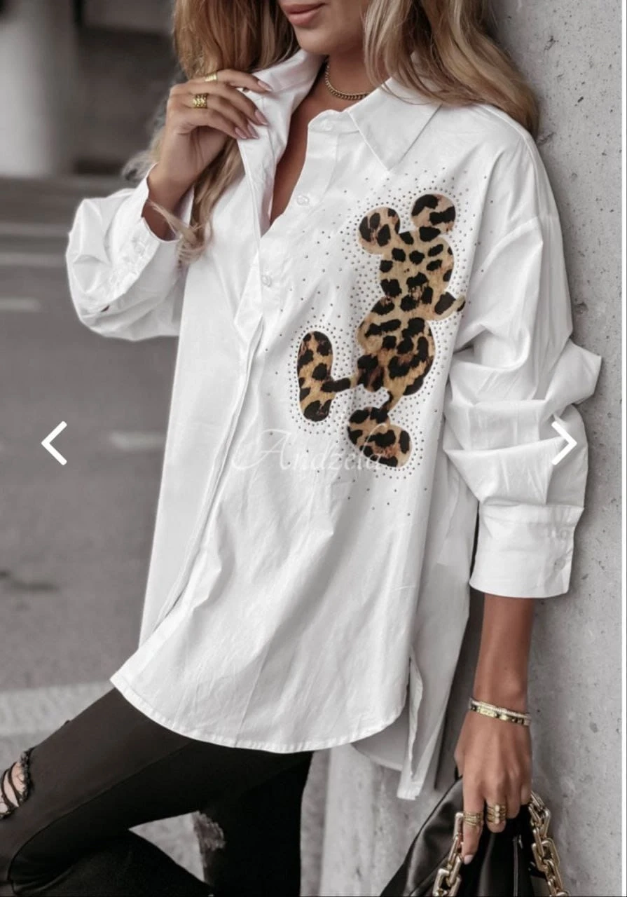 M*ckey Desen Taşlı Oversize Gömlek