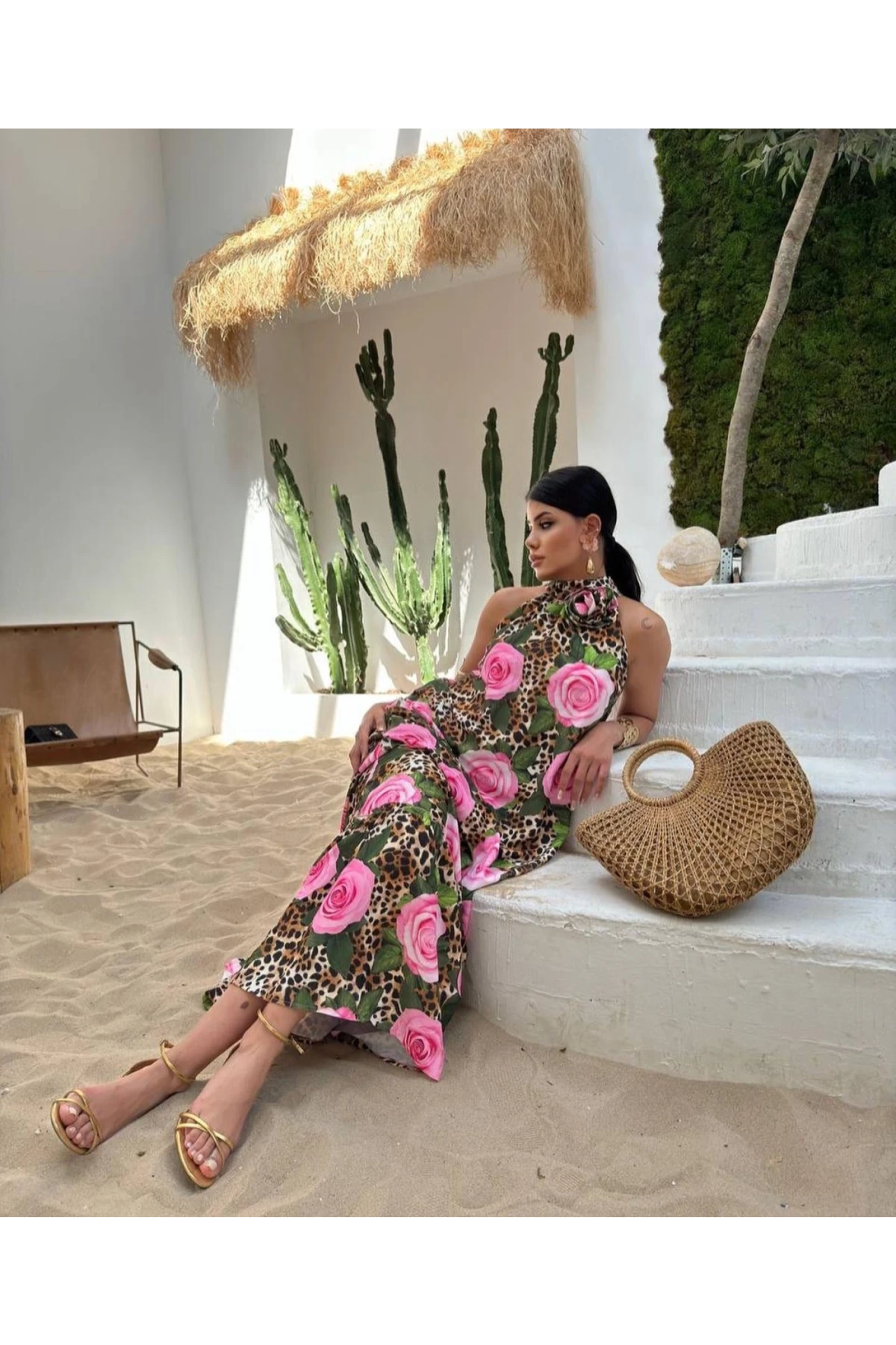 Mikro Kumaş Gül Desenli Leopar Maxi Boy Elbise