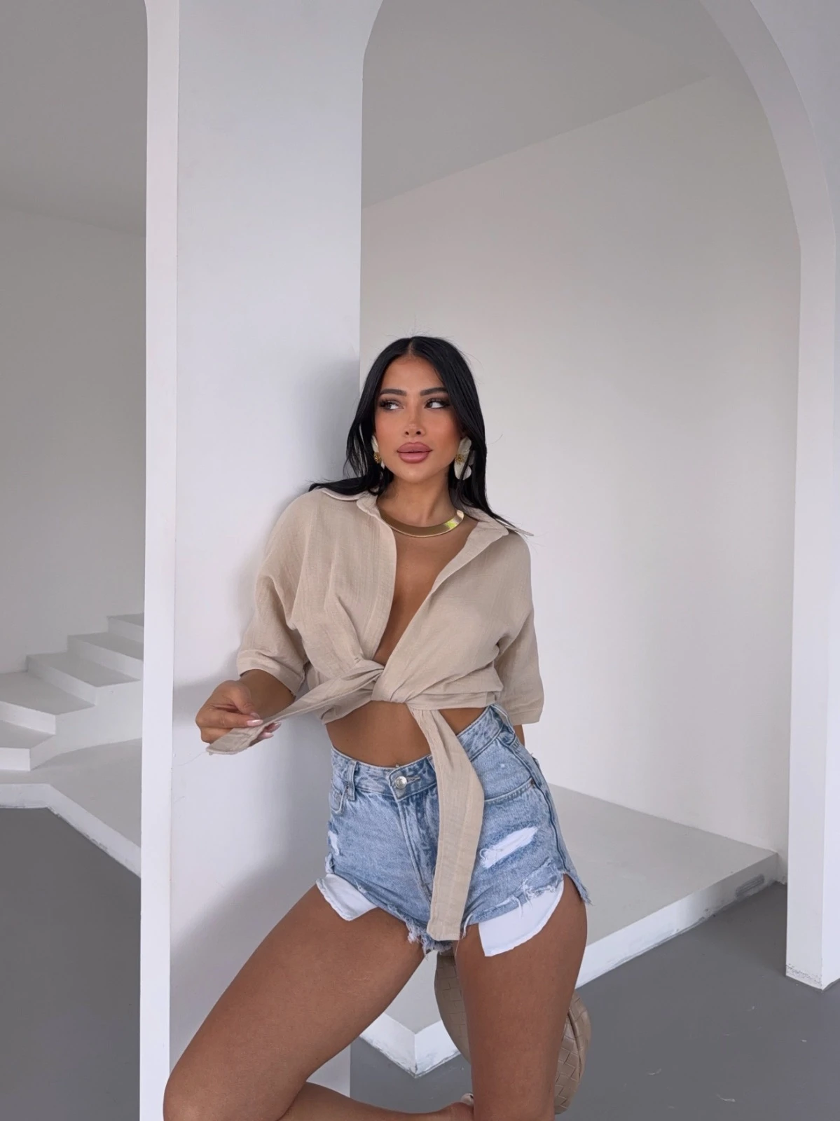 Müslin Keten Bağlamalı Bluz