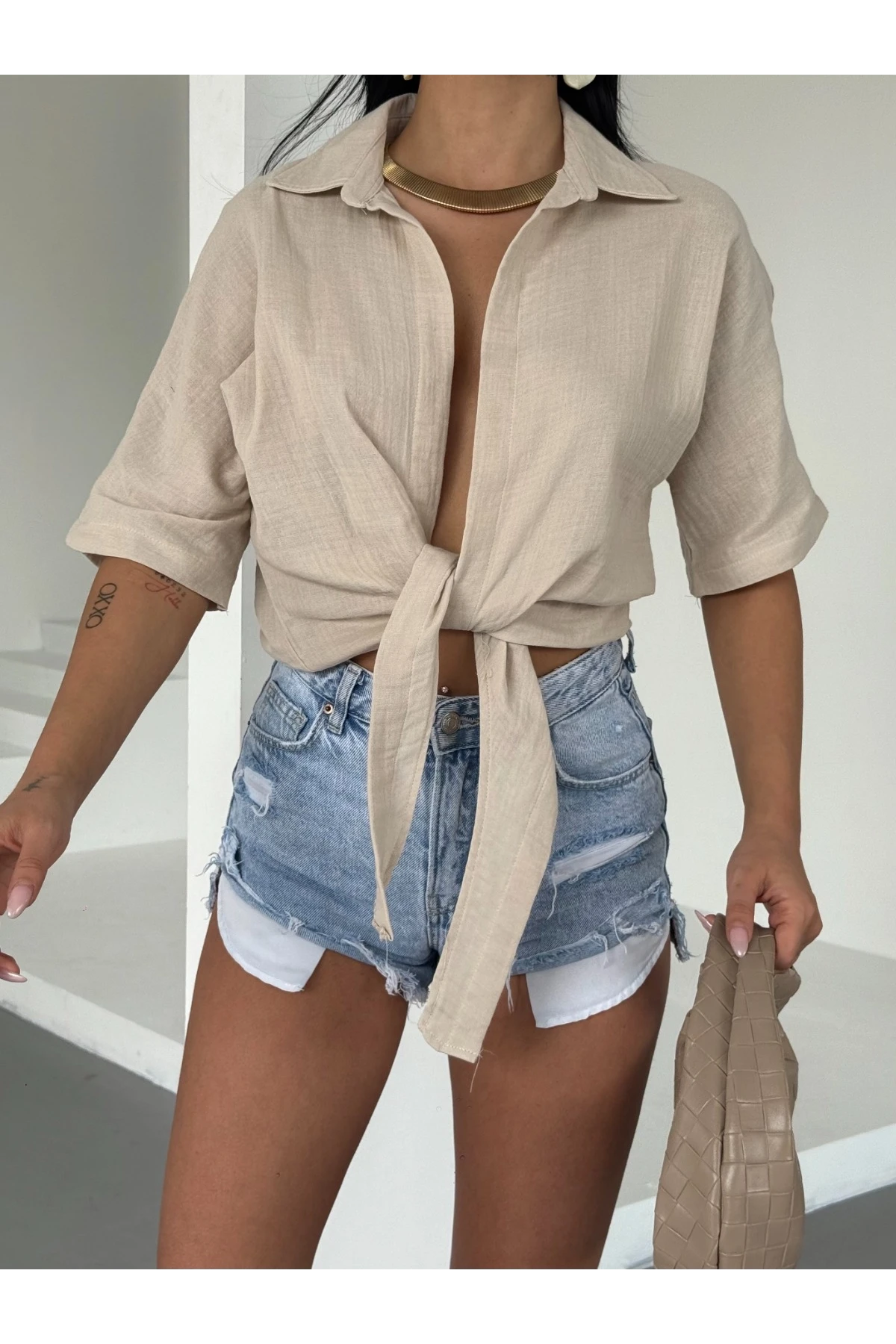 Müslin Keten Bağlamalı Bluz