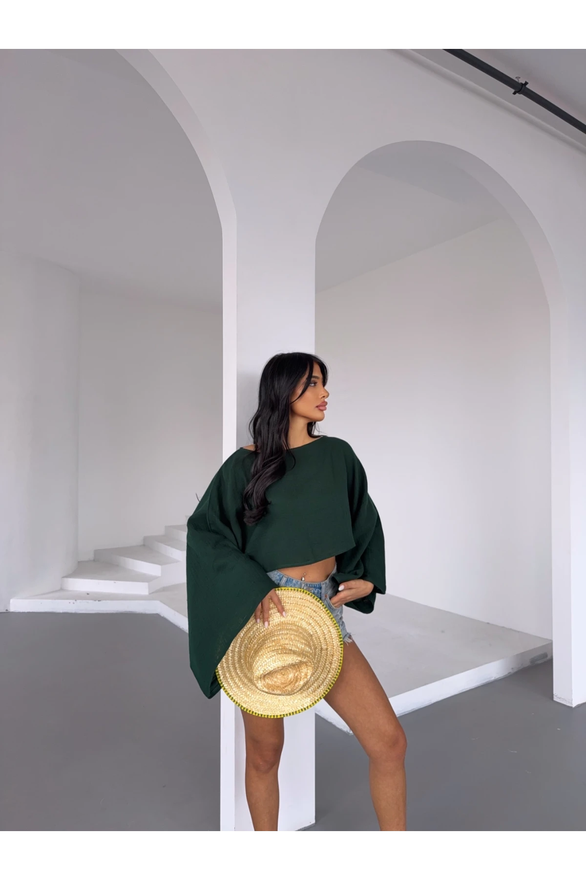 Müslin Keten Bluz Zümrüt