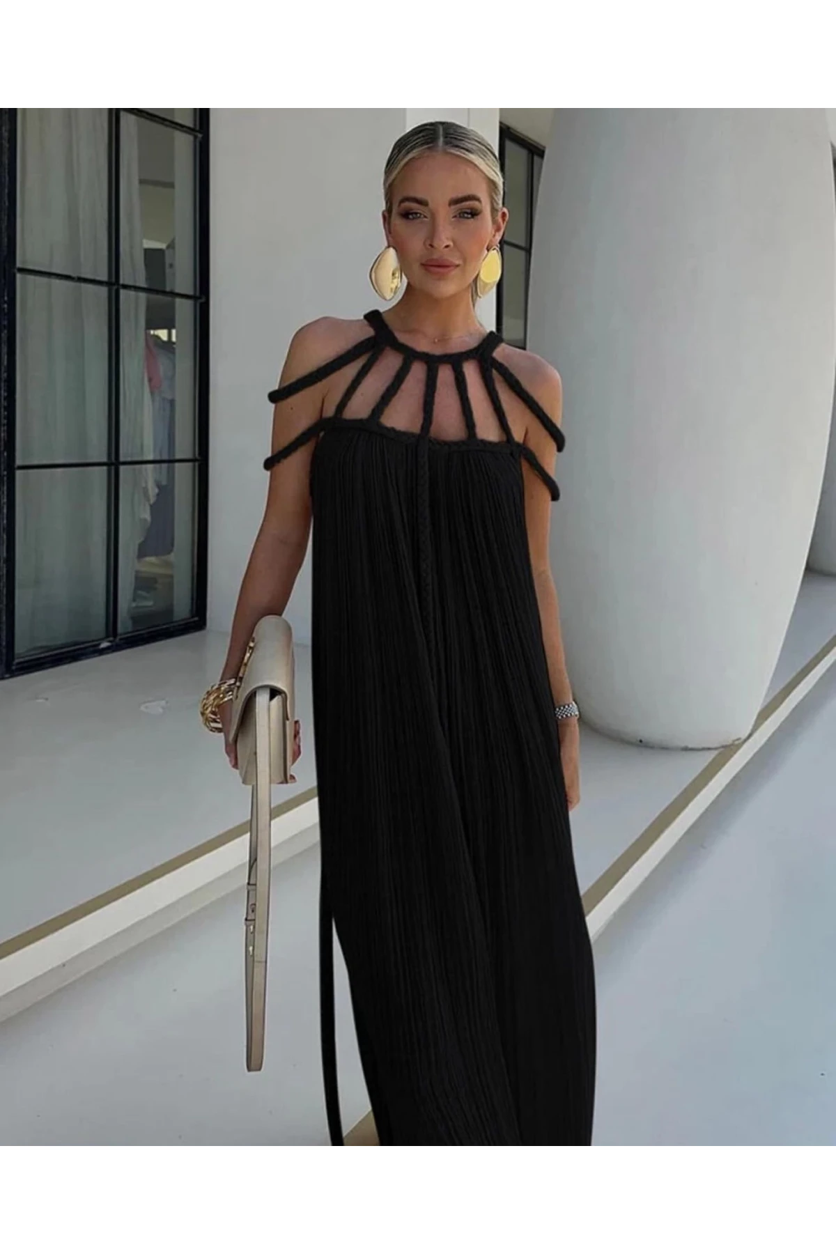 Müslin Kumaş Örgü İşlemeli Tasarım Elbise