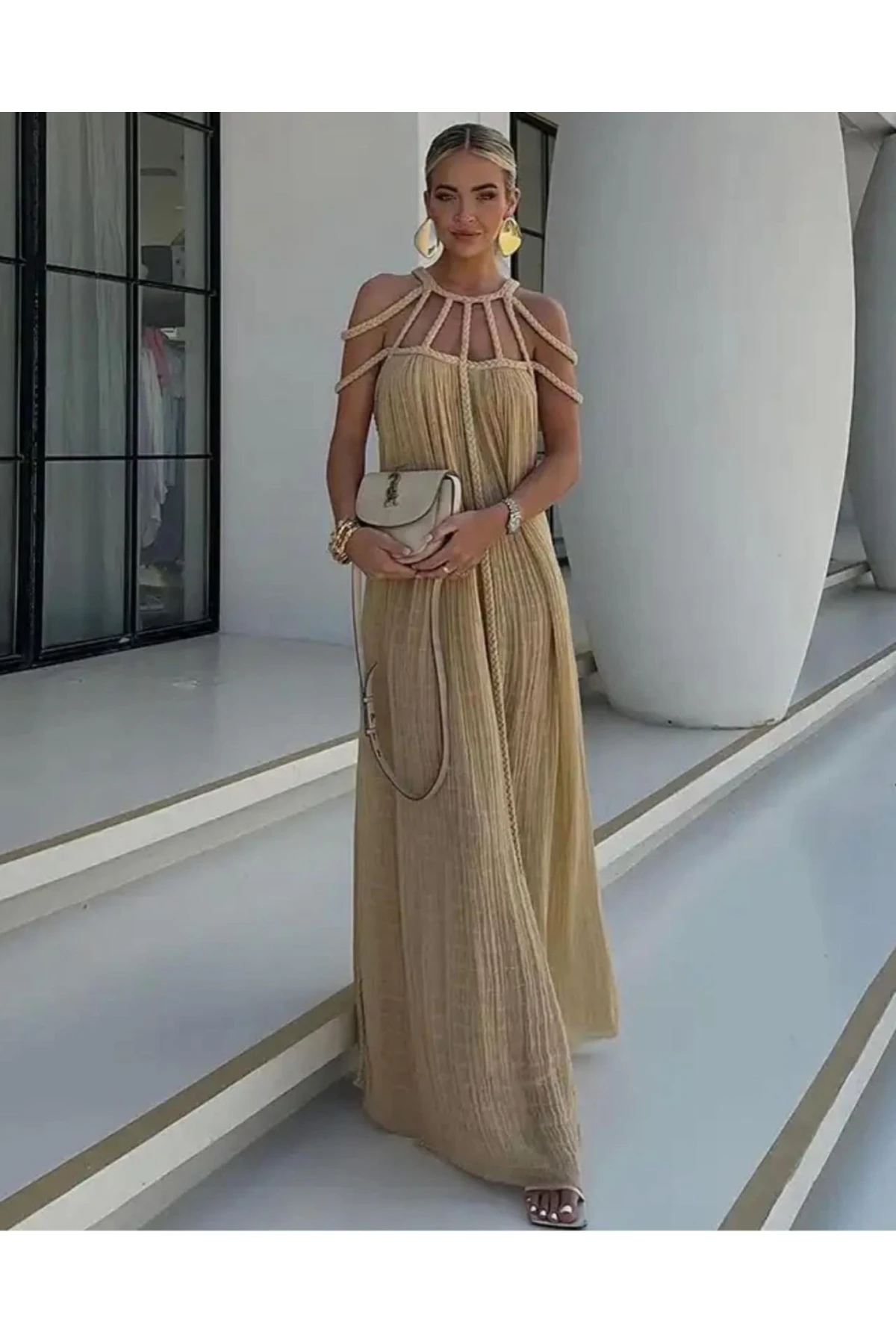 Müslin Kumaş Örgü İşlemeli Tasarım Elbise