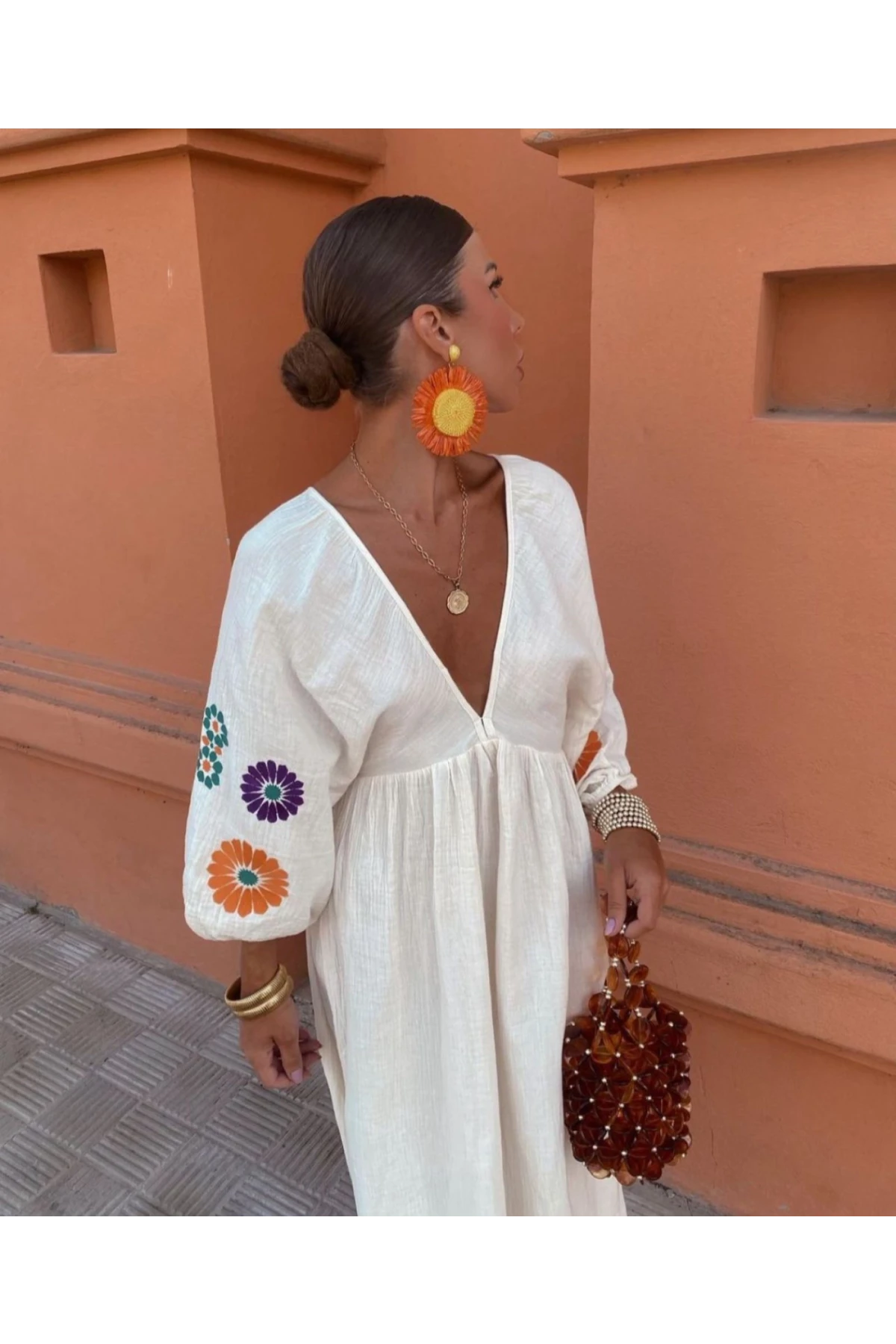 Nakışlı Keten Elbise