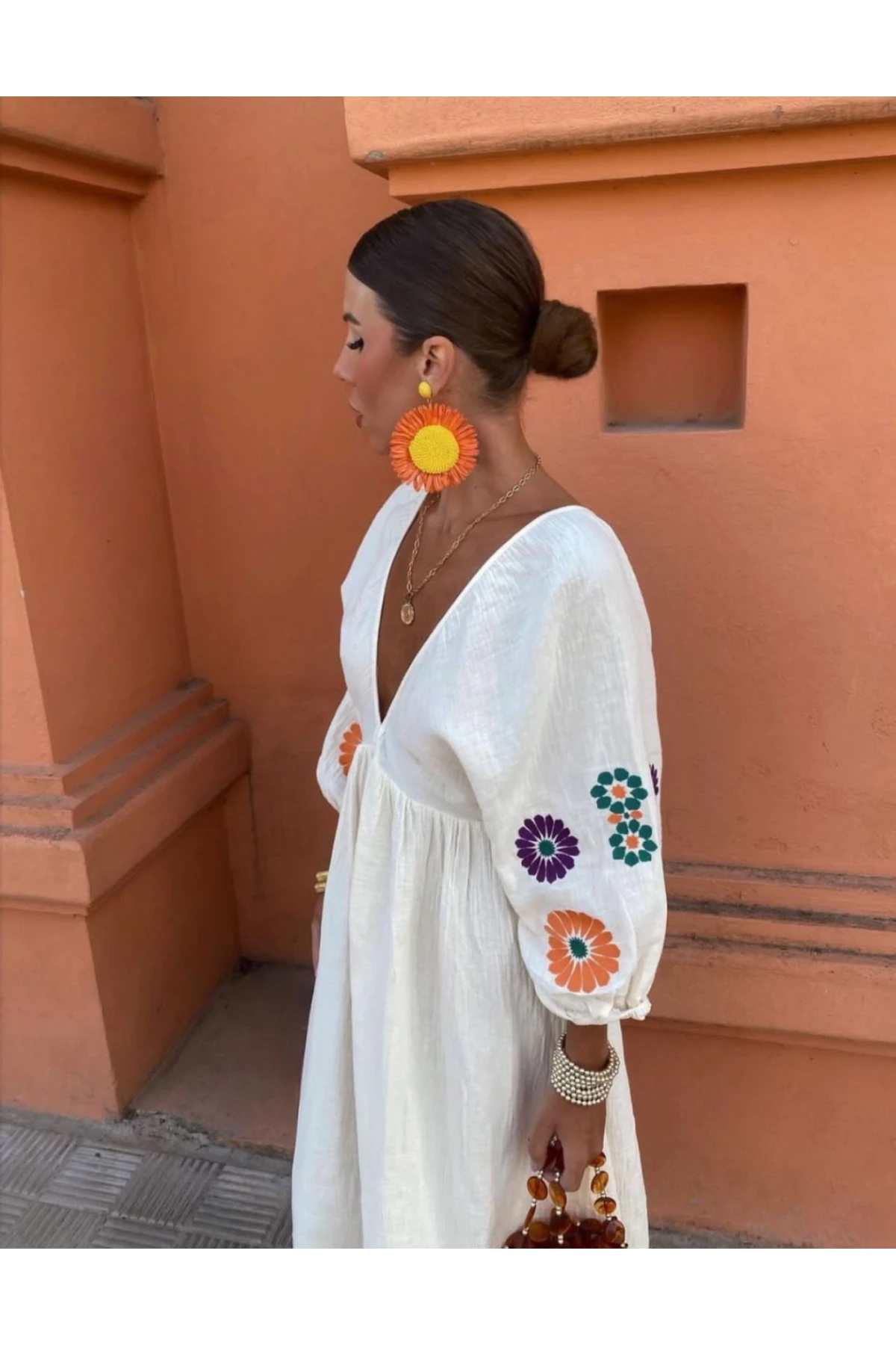 Nakışlı Keten Elbise