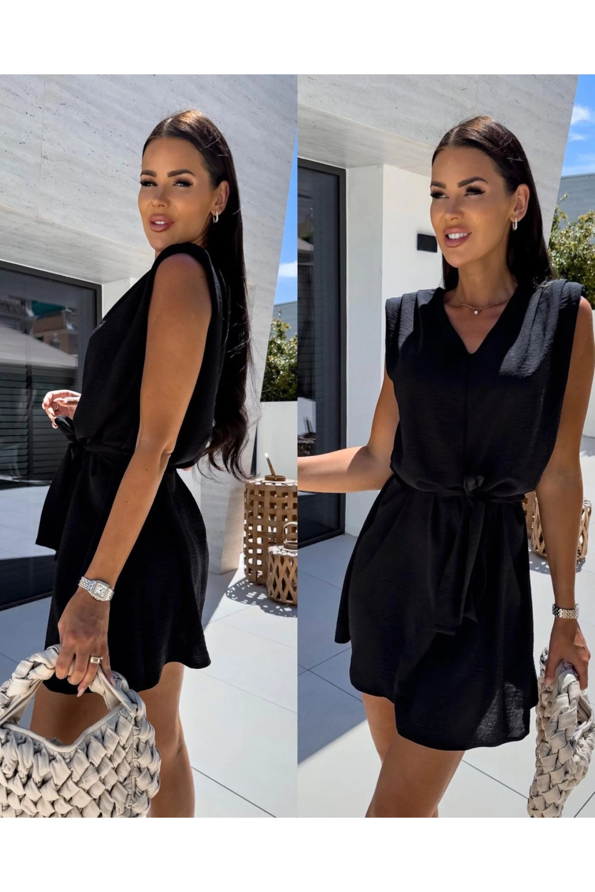 Omuz Detaylı Keten Kumaş Elbise