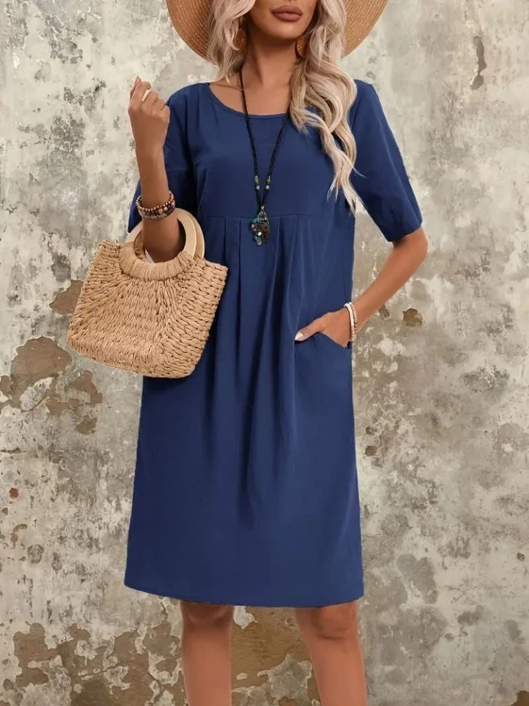 Önden Büzgülü Cep Detaylı Viskon iki İplik Elbise