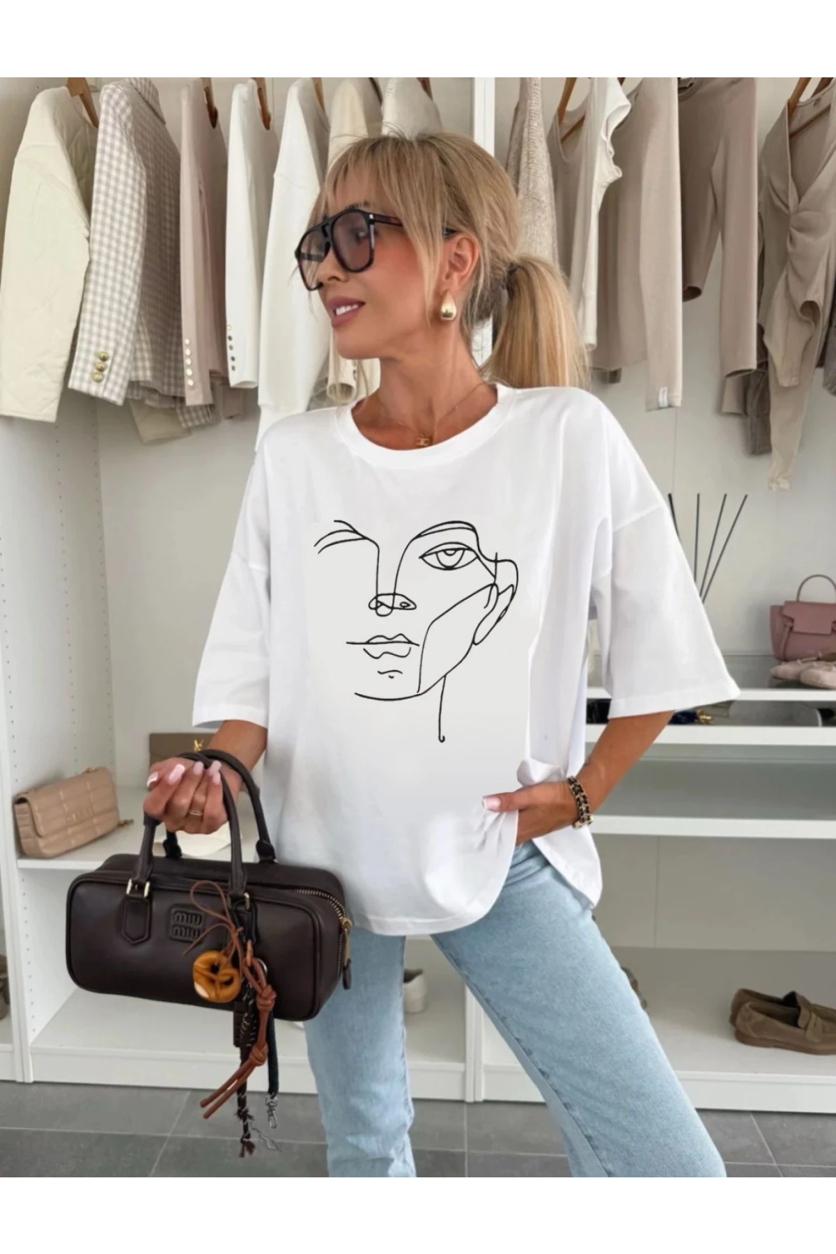 Oversize Yüz Desenli Bluz