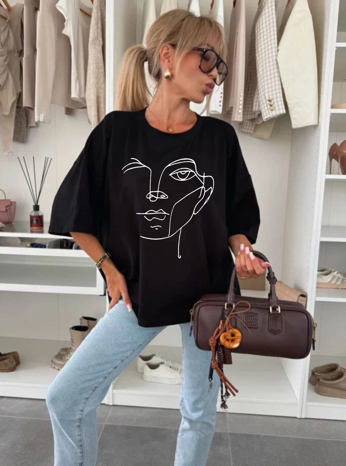 Oversize Yüz Desenli Bluz