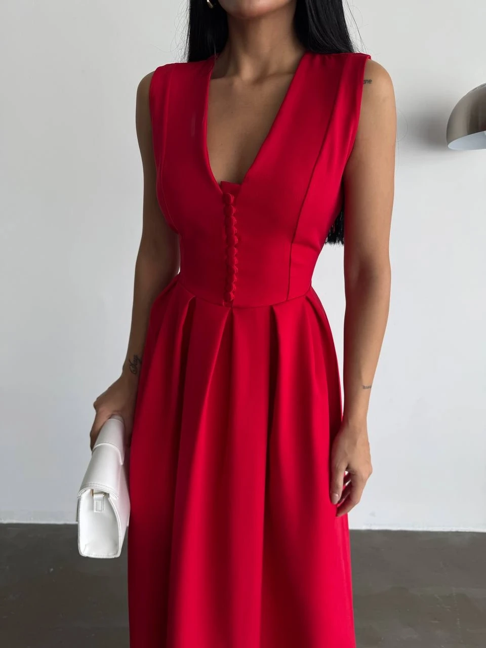 Özel Tasarım Kalın Askı Midi Prenses Elbise Crep Kumaş