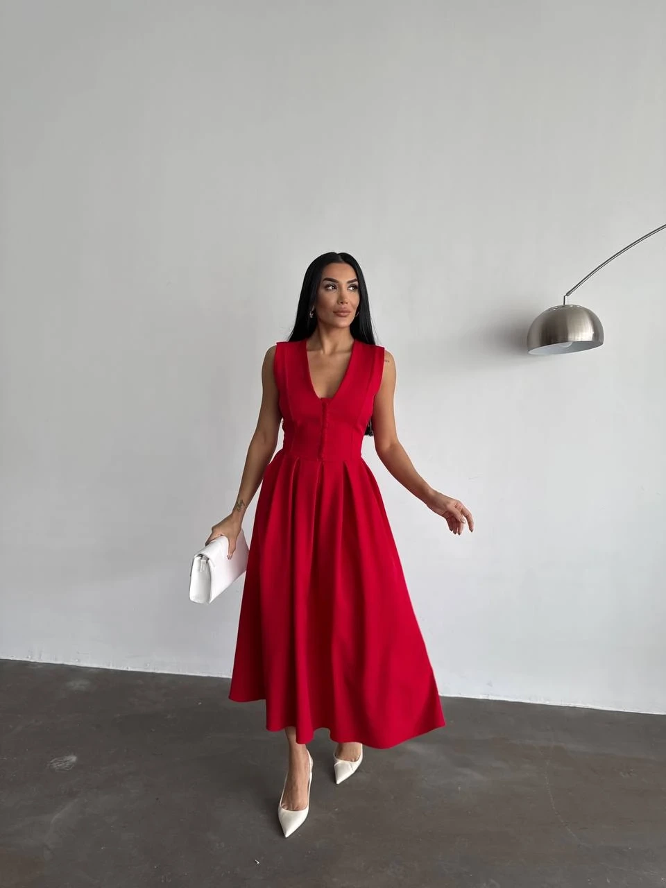 Özel Tasarım Kalın Askı Midi Prenses Elbise Crep Kumaş