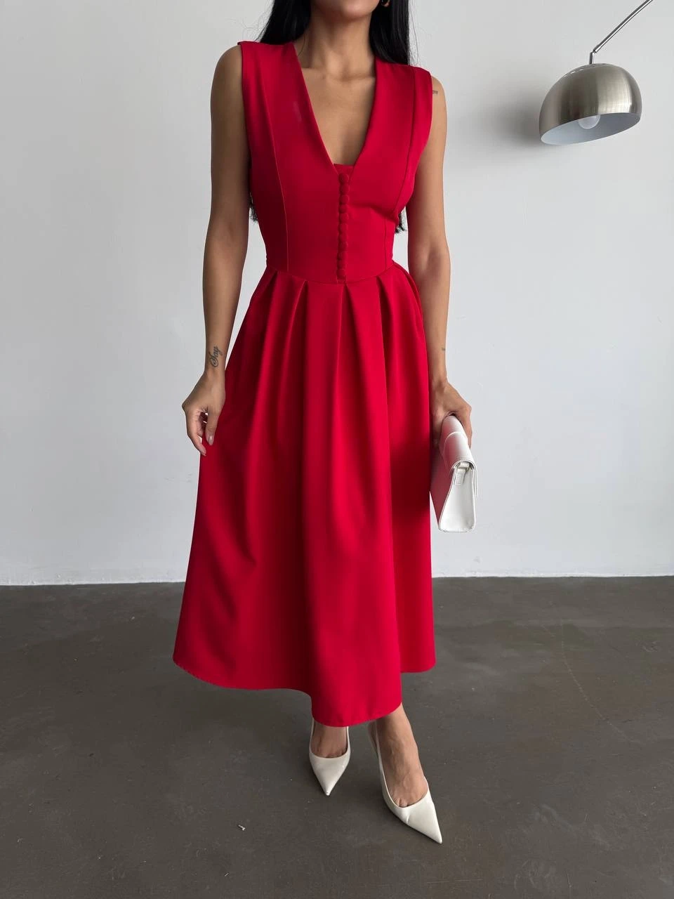 Özel Tasarım Kalın Askı Midi Prenses Elbise Crep Kumaş