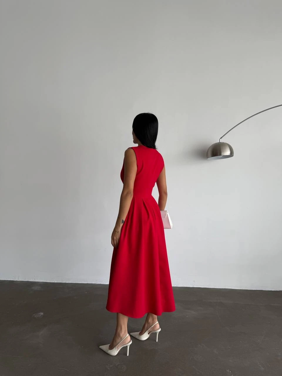 Özel Tasarım Kalın Askı Midi Prenses Elbise Crep Kumaş