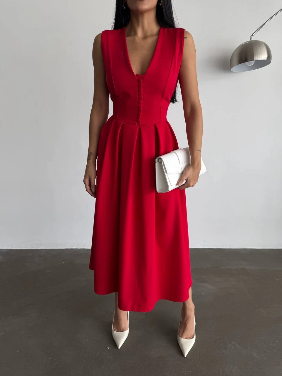 Özel Tasarım Kalın Askı Midi Prenses Elbise Crep Kumaş