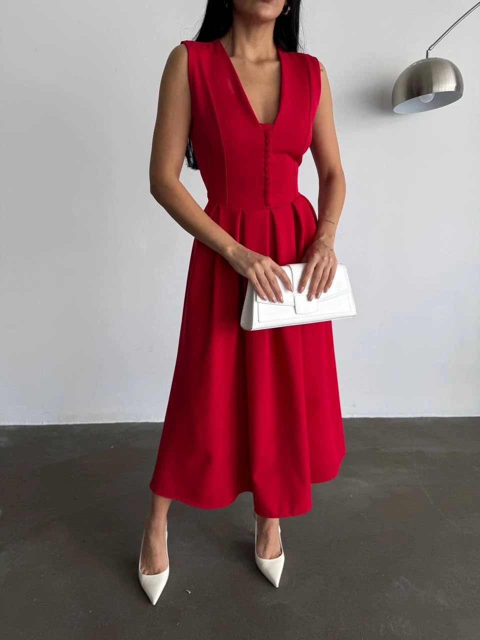 Özel Tasarım Kalın Askı Midi Prenses Elbise Crep Kumaş