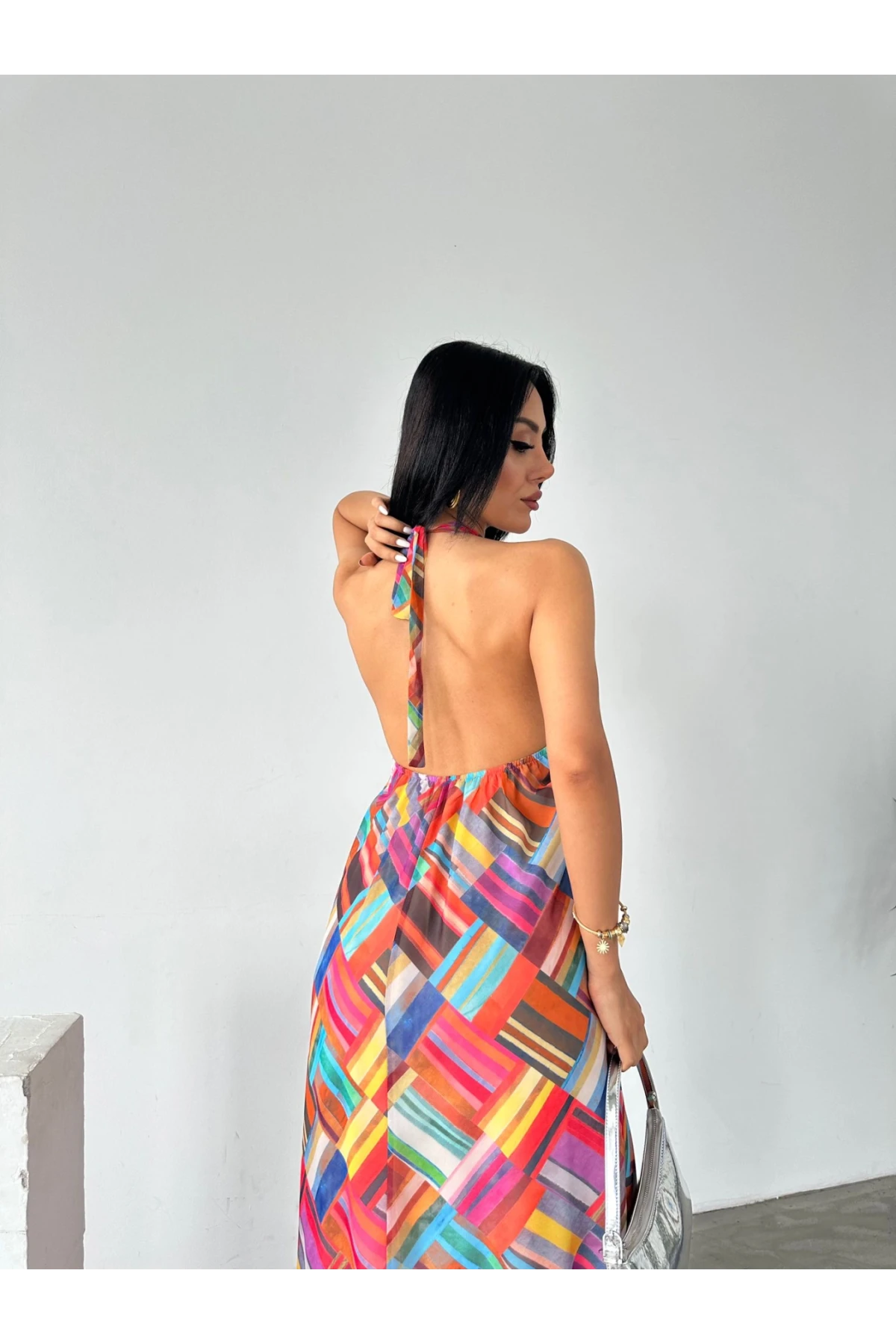 Pachwork Desen Astarlı Şifon Elbise