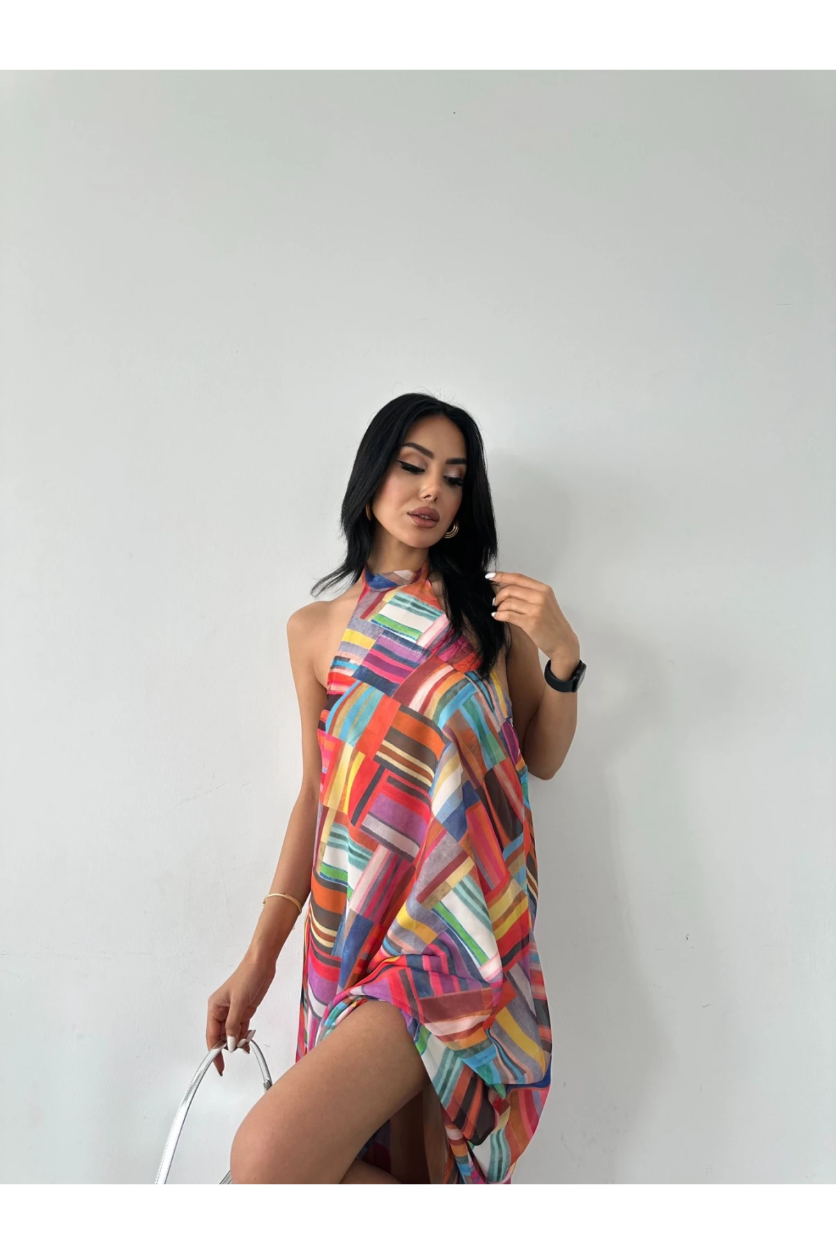 Pachwork Desen Astarlı Şifon Elbise