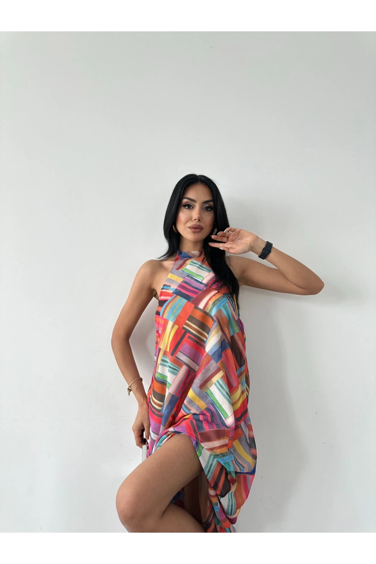 Pachwork Desen Astarlı Şifon Elbise