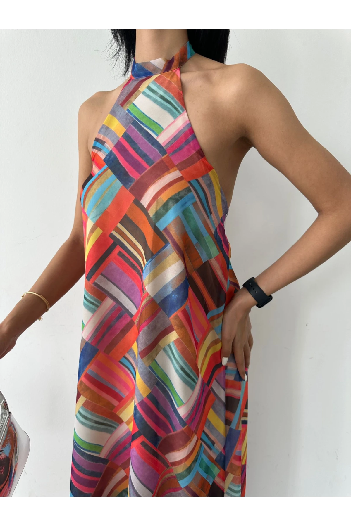 Pachwork Desen Astarlı Şifon Elbise