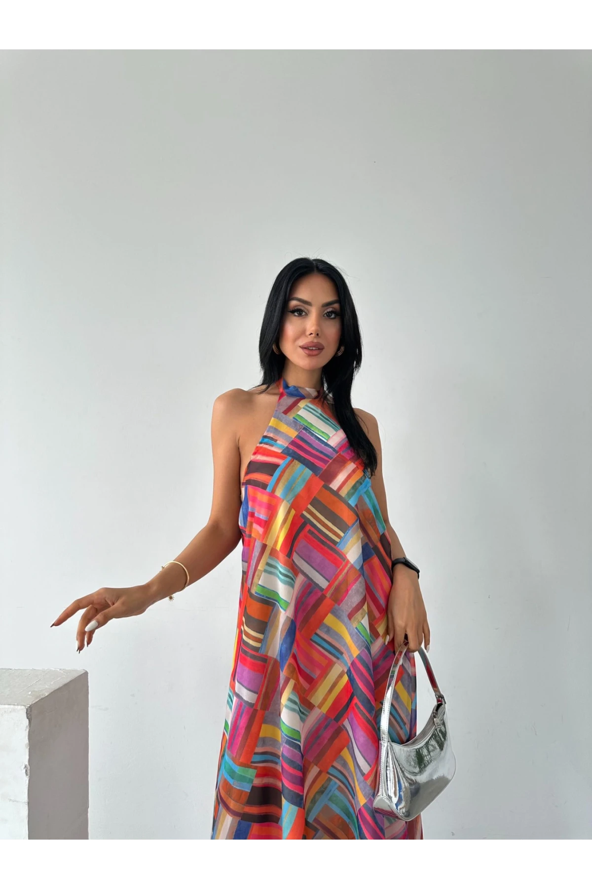 Pachwork Desen Astarlı Şifon Elbise