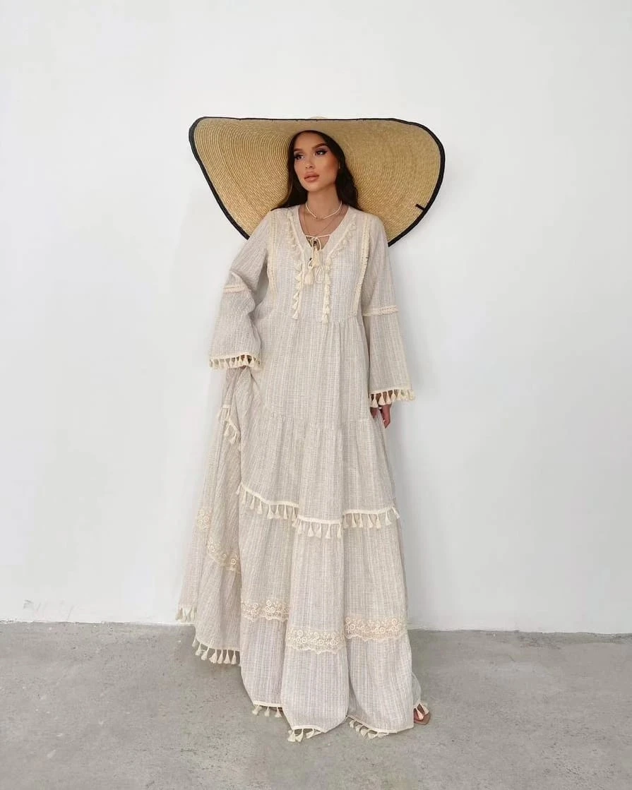 Püsküllü Gofre Kumaş  Elbise