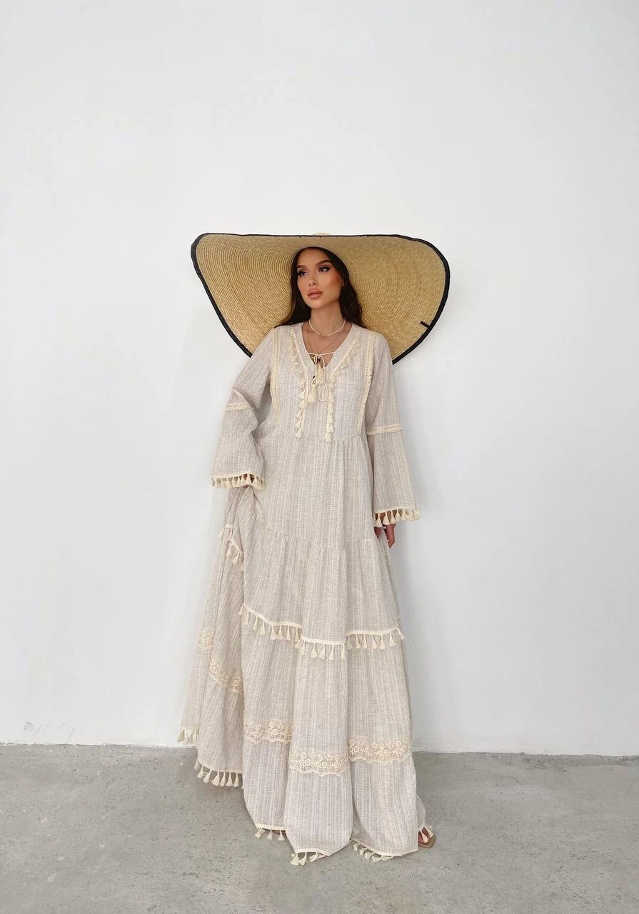 Püsküllü Gofre Kumaş  Elbise