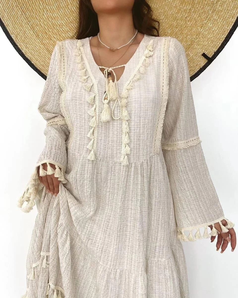 Püsküllü Gofre Kumaş  Elbise