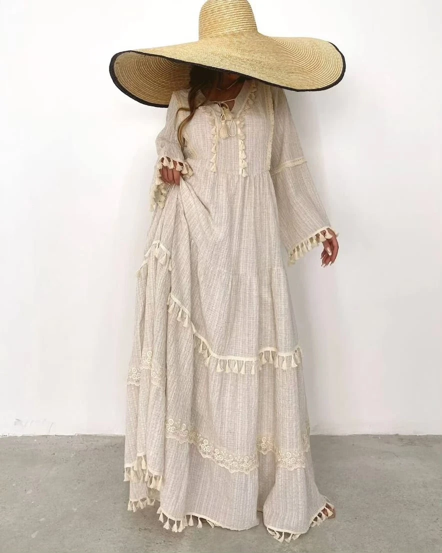 Püsküllü Gofre Kumaş  Elbise