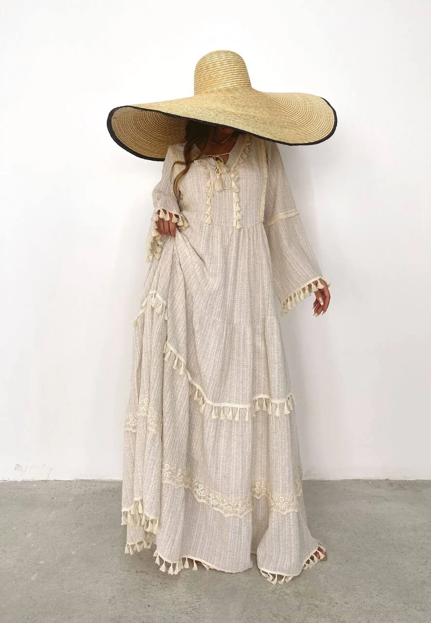 Püsküllü Gofre Kumaş  Elbise