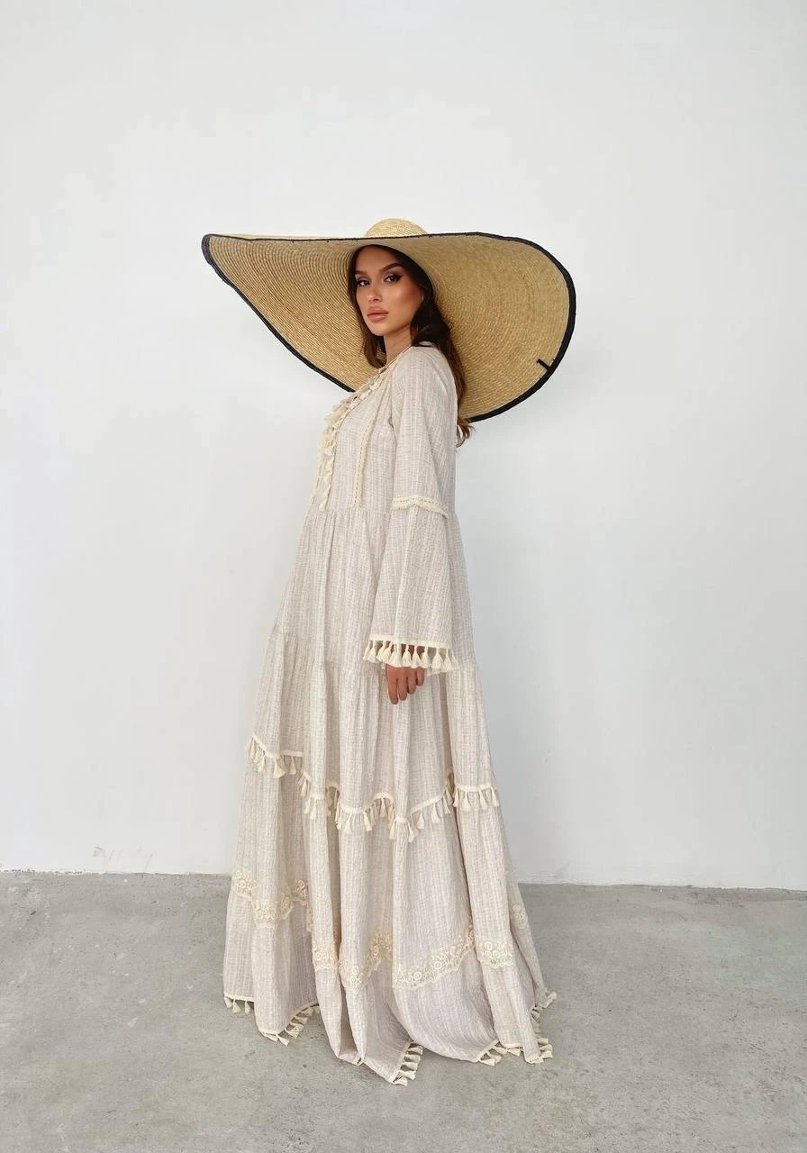 Püsküllü Gofre Kumaş  Elbise