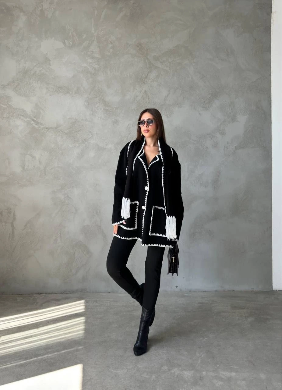 Şal Detaylı Triko Ceket Hırka