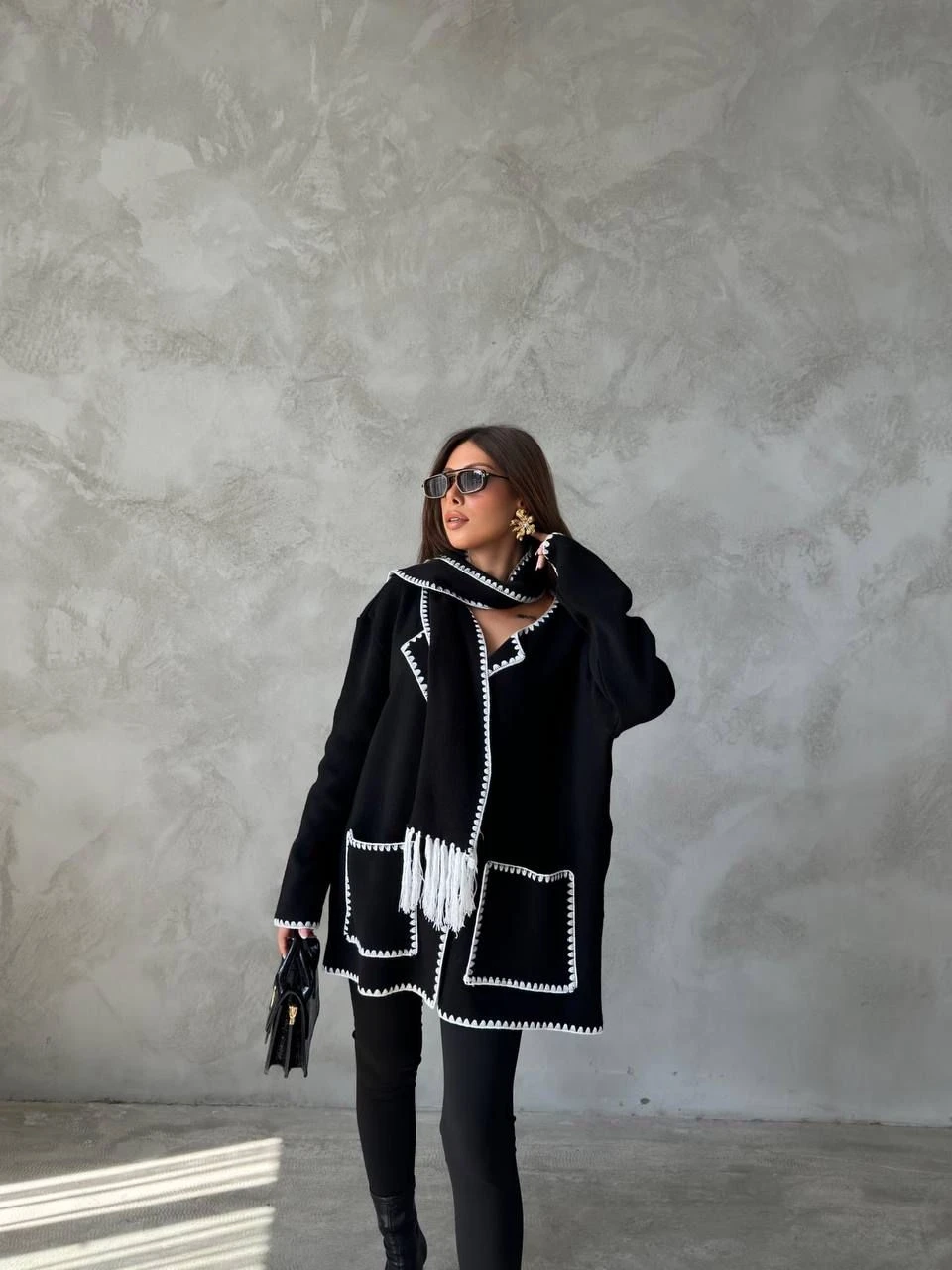 Şal Detaylı Triko Ceket Hırka