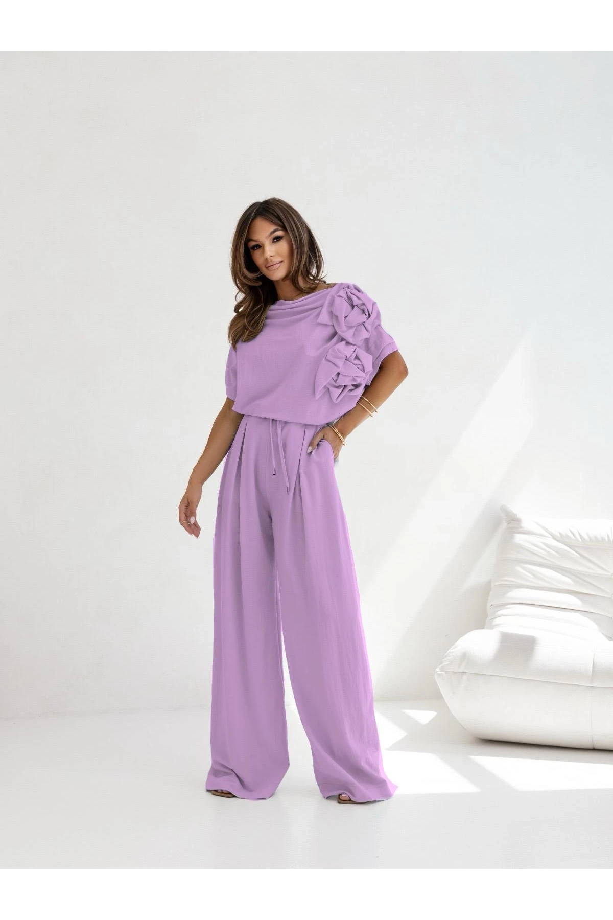 Sandy Kumaş Gül Detaylı 2 li Salash Takım