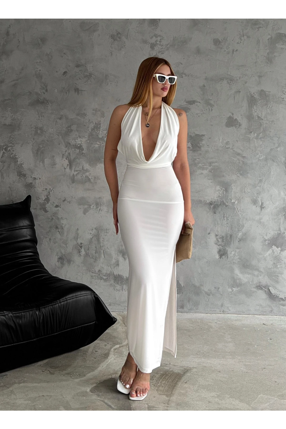 Sandy Kumaş Yırtmaçlı  Elbise