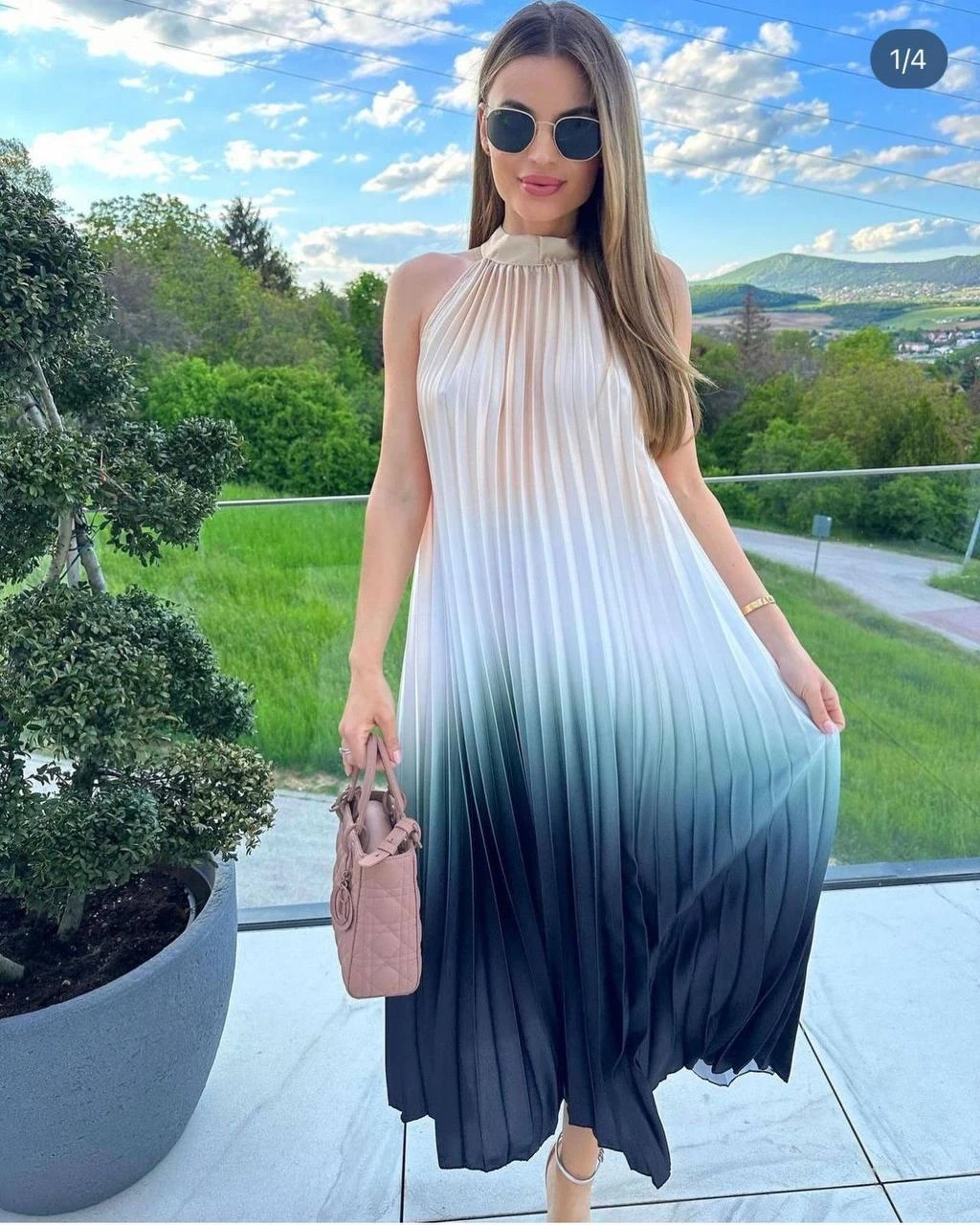 Saten Kumaş Degrede Desen Piliseli Elbise