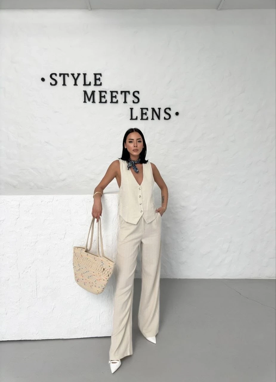 Sırt Dekolte Yelek Pantolon Takım