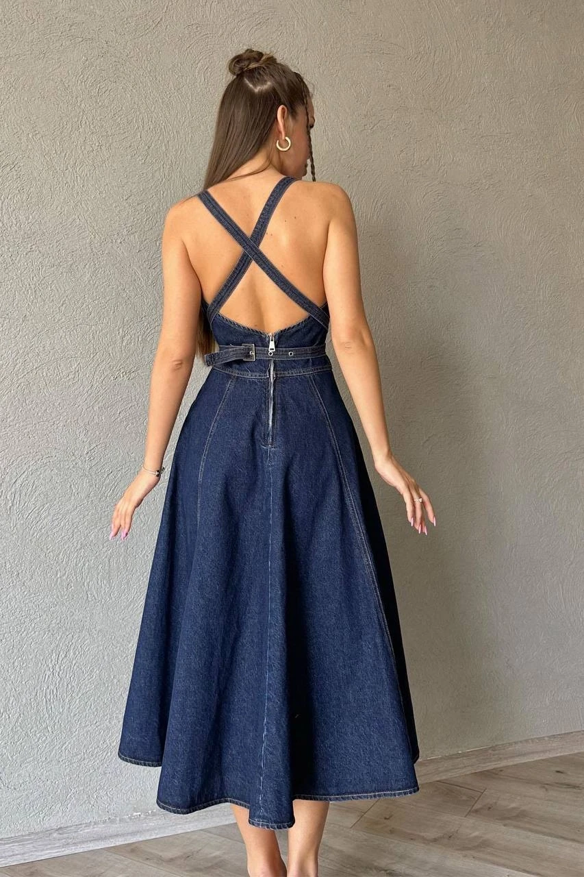 Sırt Dekolteli Tasarım Denim Elbise