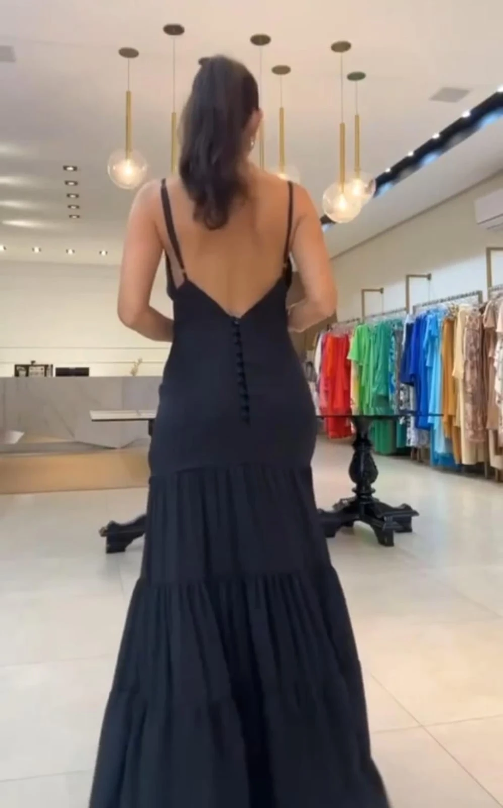 Sırtı Düğmeli Keten Kumaş Maxi Elbise