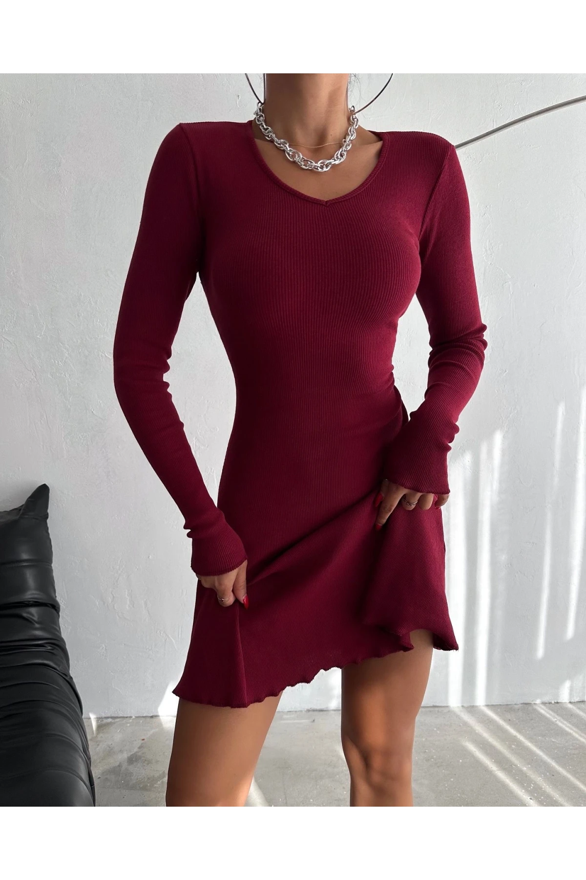 Sırtı İp Detaylı Kaşkorse Elbise