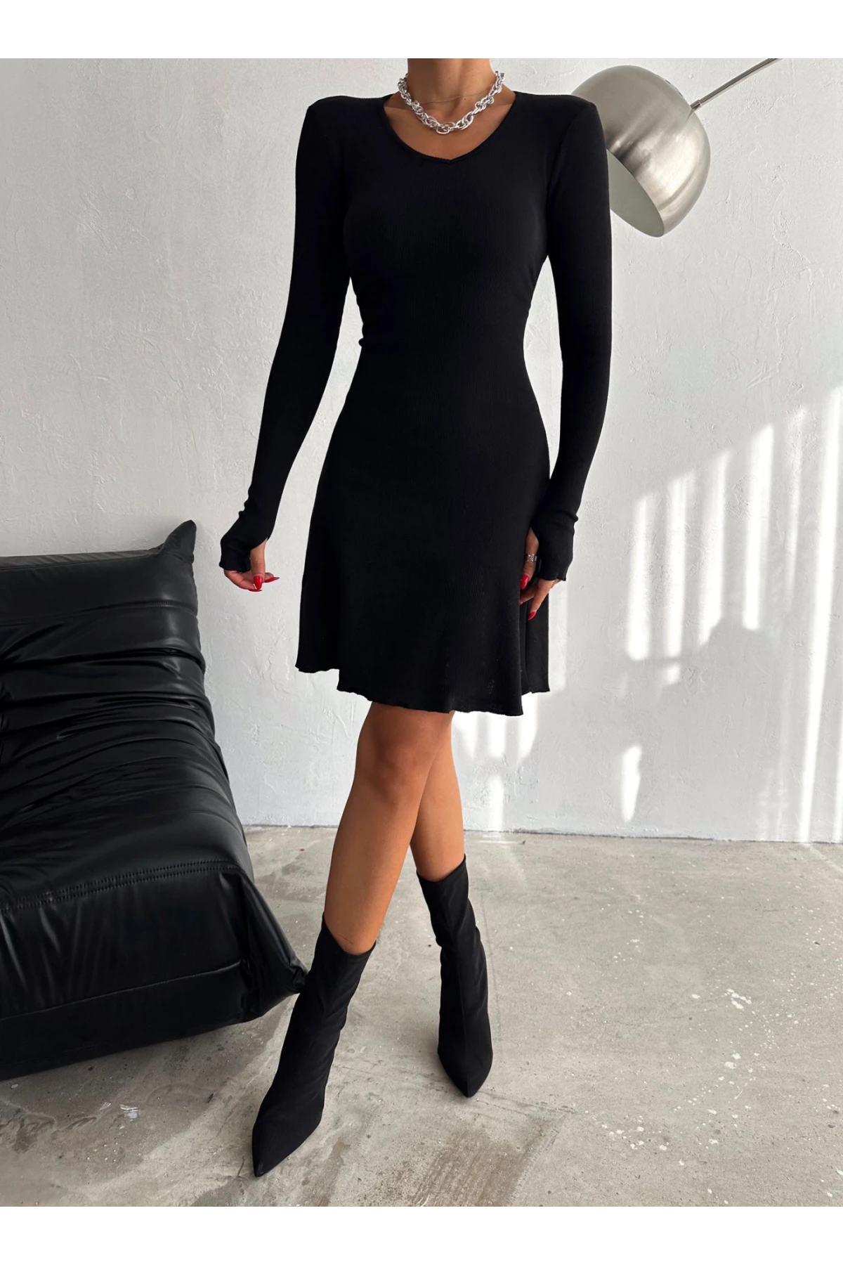 Sırtı İp Detaylı Kaşkorse Elbise