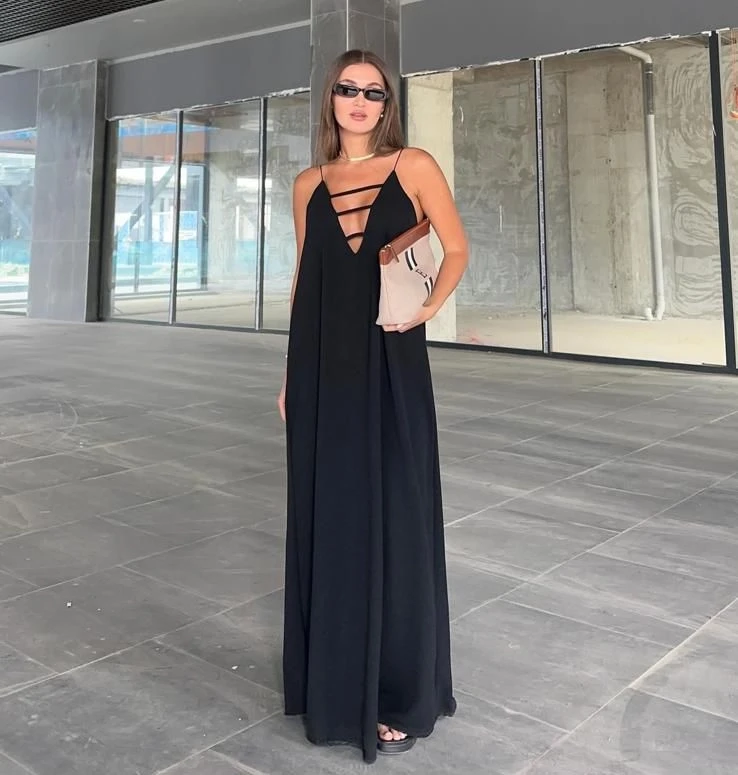 Sundy Kumaş V Yaka Dökümlü Salash Elbise