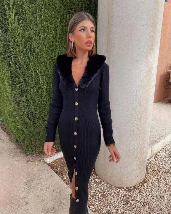 Triko Kumaş Yakası İthal Kürk Detaylı Elbise