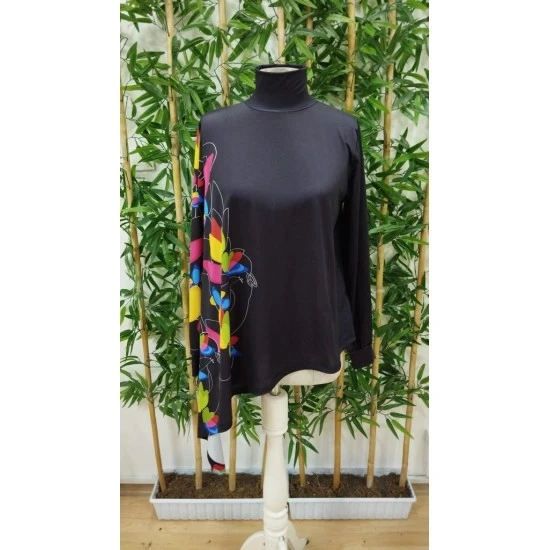 Uzun Kollu Balıkçı Yaka Asimetrik Kesim Mikro Bluz